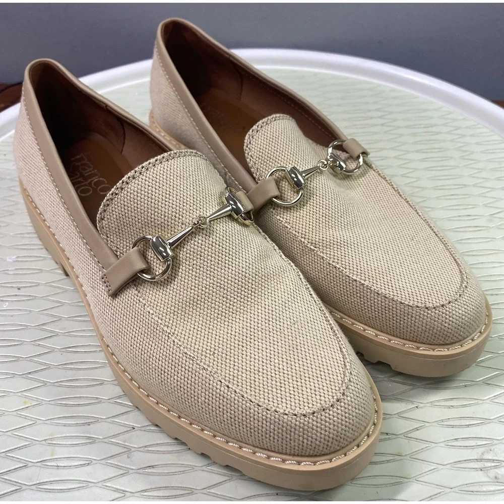 Franco Sarto Cason Women Loafers Natural Tan Canvas Slip On Shoes Horsebit 7.5 M